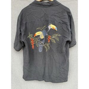 Tori Richard Black Medium Embroidered Toucans‎ Mens 100% Silk Shirt Short Sleeve